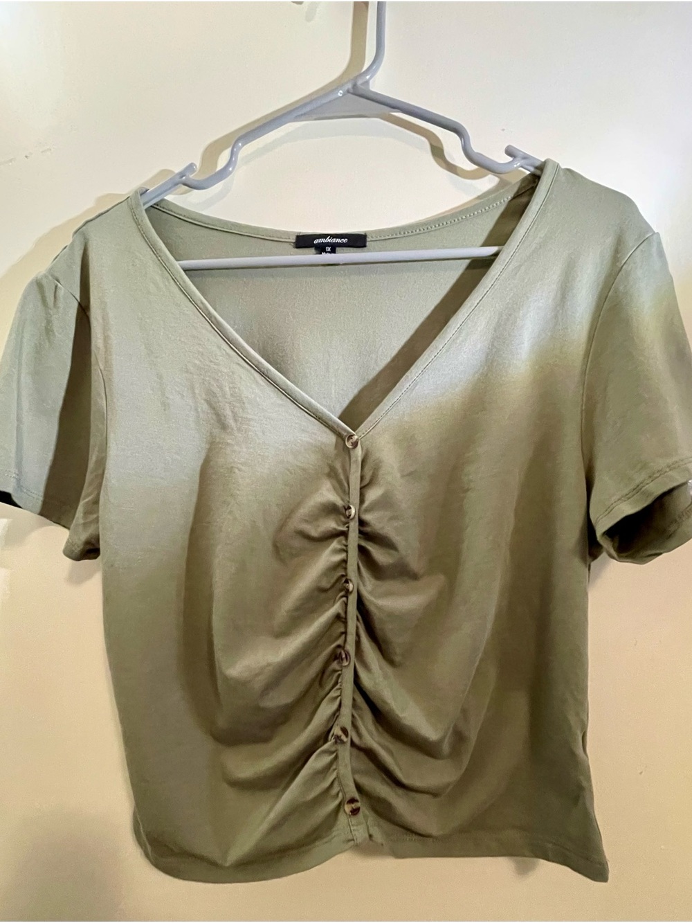 Ambiance Olive Green Ruched V-Neck Crop Top